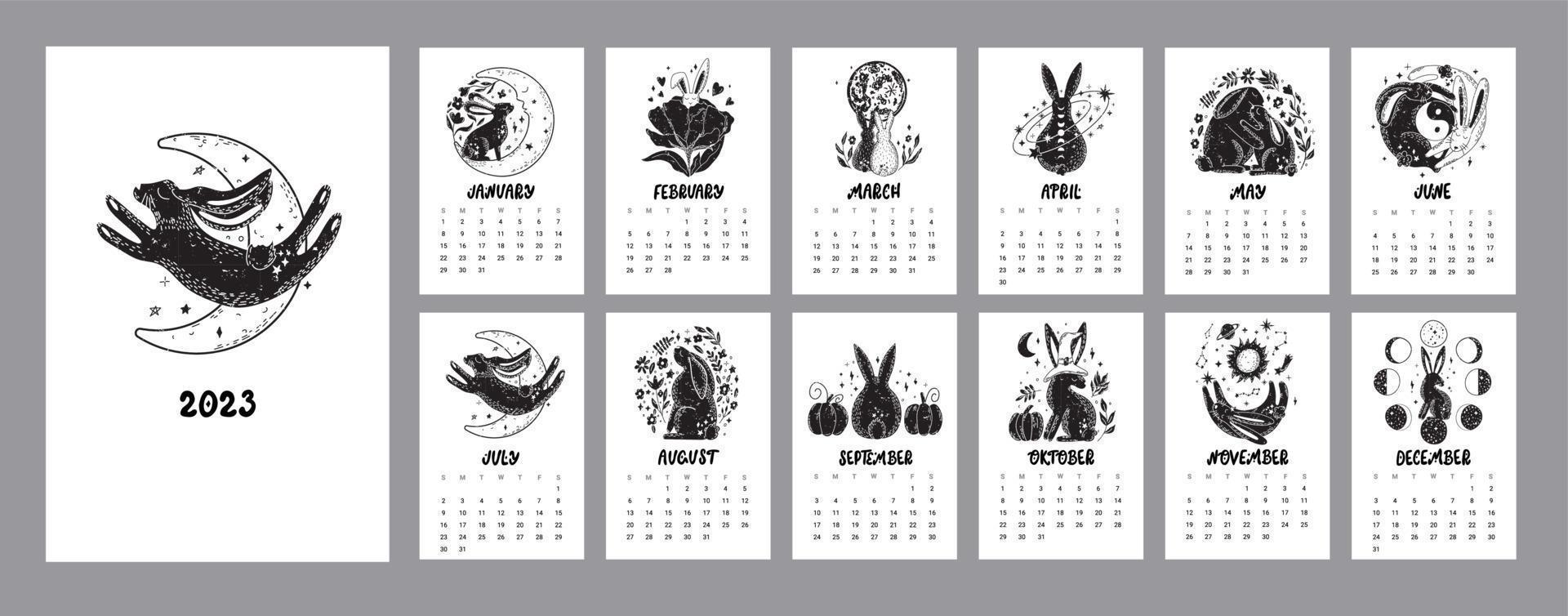 söt kalender 2023 med kaniner, astrologiska, esoterisk element. måne, stjärnor. svart kanin symbol. vektor