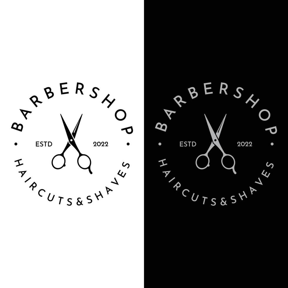 kreatives und einfaches klassisches friseursalon scherenschablonenlogodesign lokalisiert auf schwarzem und weißem hintergrund. für geschäft, friseursalon, salon, schönheit. vektor