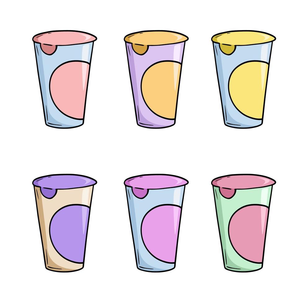 Satz farbiger Symbole, geschlossene Kunststoffverpackung mit Fruchtjoghurt, Dessert, Kopierraum, Vektor im Cartoon-Stil auf weißem Hintergrund