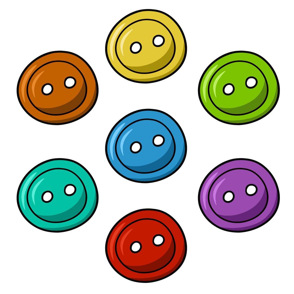 eine Reihe farbiger Symbole, ein runder Knopf für Kleidung, eine Vektorillustration im Cartoon-Stil auf weißem Hintergrund vektor