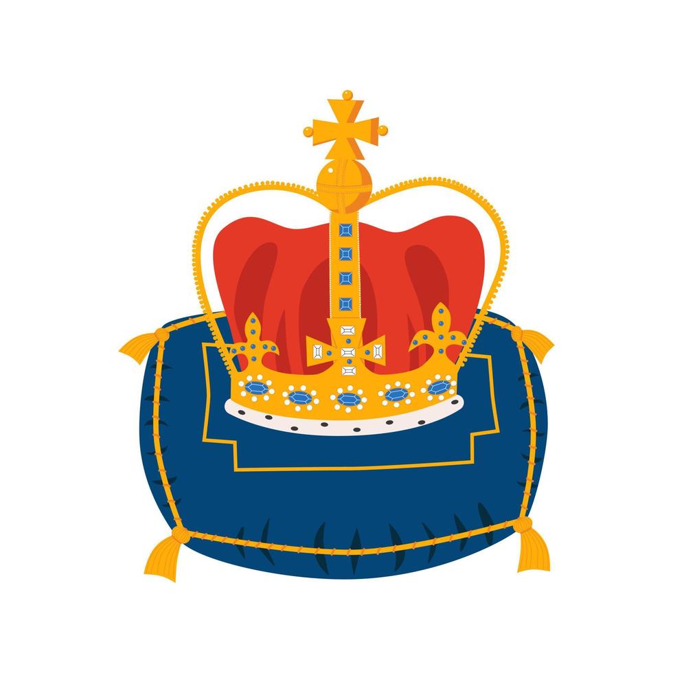 krone auf der zeremoniellen kissenkarikatur-vektorillustration. königlicher Goldschmuck. könig, kaiserliches symbol der königin monarchie. vektor
