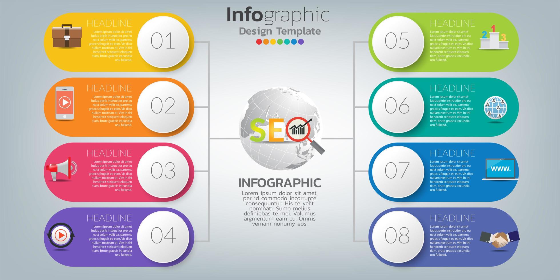 Infografiken für SEO-Konzept mit Symbolen und Schritten vektor