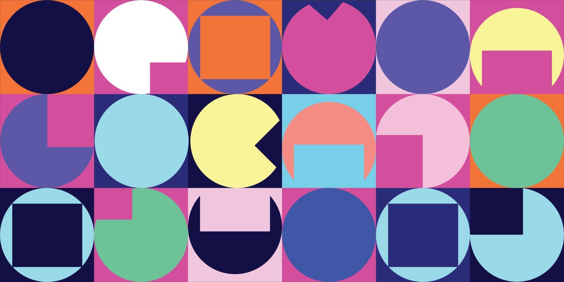 buntes abstraktes bauhaus-design mit knallfarbenen geometrischen elipsen auf quadraten für hintergrund- und social-media-tapeten vektor