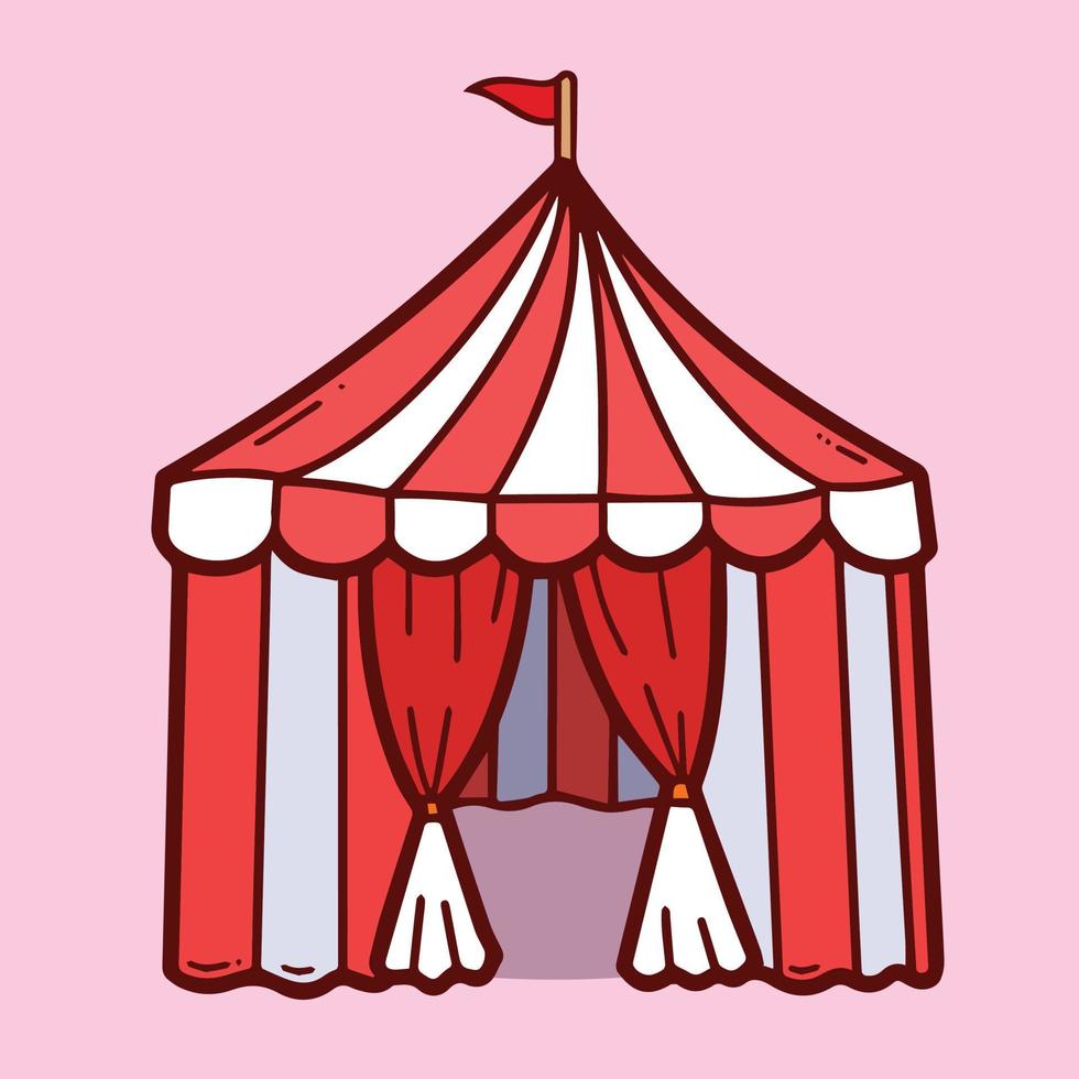 röd och vit cirkus tält vektor illustration med röd flagga på topp. tecknad serie platt konst stil teckning isolerat med rena linje konst och platt Färg.