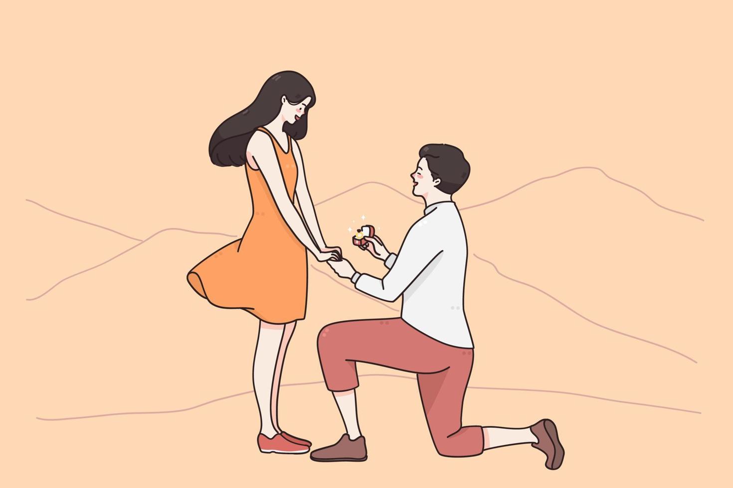 Vorschlag, Engagement, Dating-Konzept. Mann, der auf dem Knie sitzt und eine Kiste mit Ring hält und der geliebten Frau auf der Vektorillustration der Naturlandschaft im Freien einen Vorschlag macht vektor