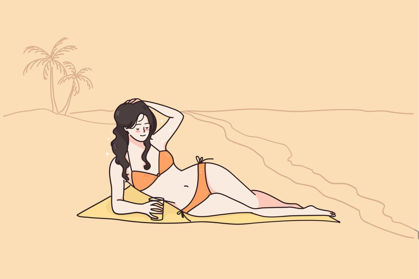 semester på hav strand och reser begrepp. ung avslappnad kvinna tecknad serie karaktär i bikini liggande och solbad på sandig strand på paradis ö vektor illustration