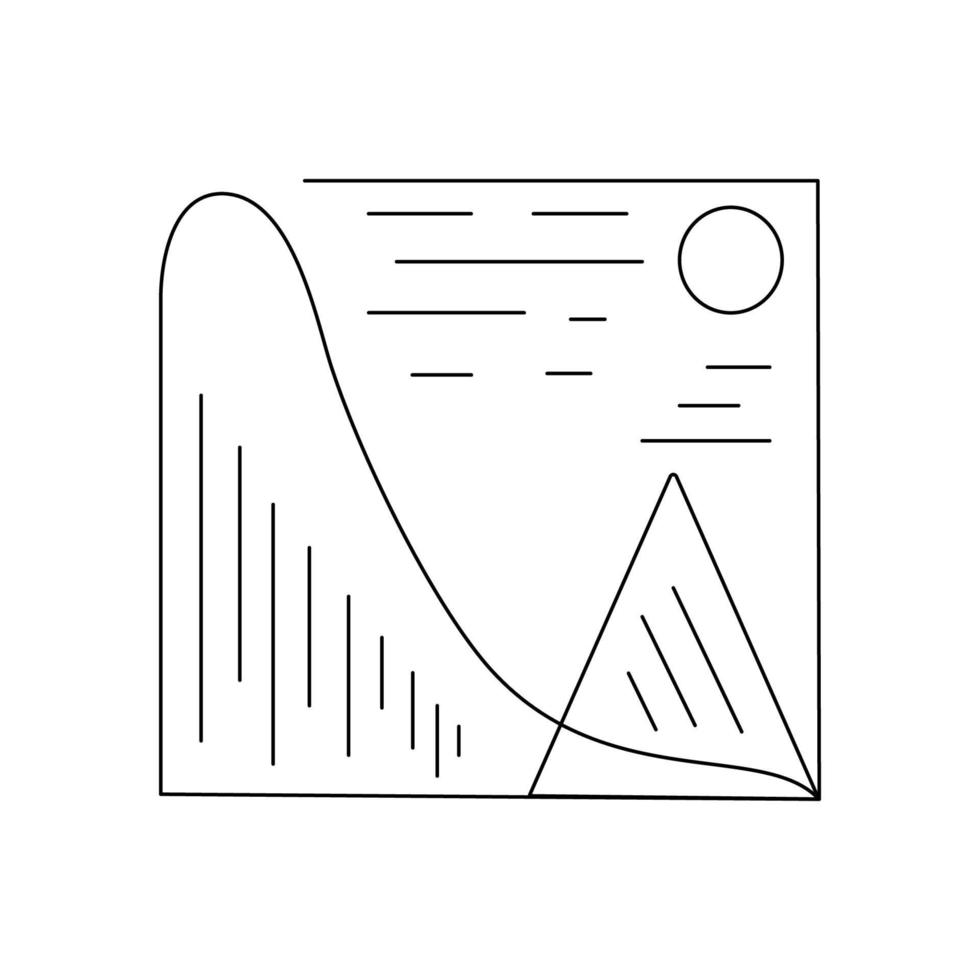 Landschaftskontursymbol auf weißem Hintergrund. Vektor einfache Figuren und Linien von Bergen und Sonne in rechteckigem Rahmen. umriss für karte, zeichen, logotyp.