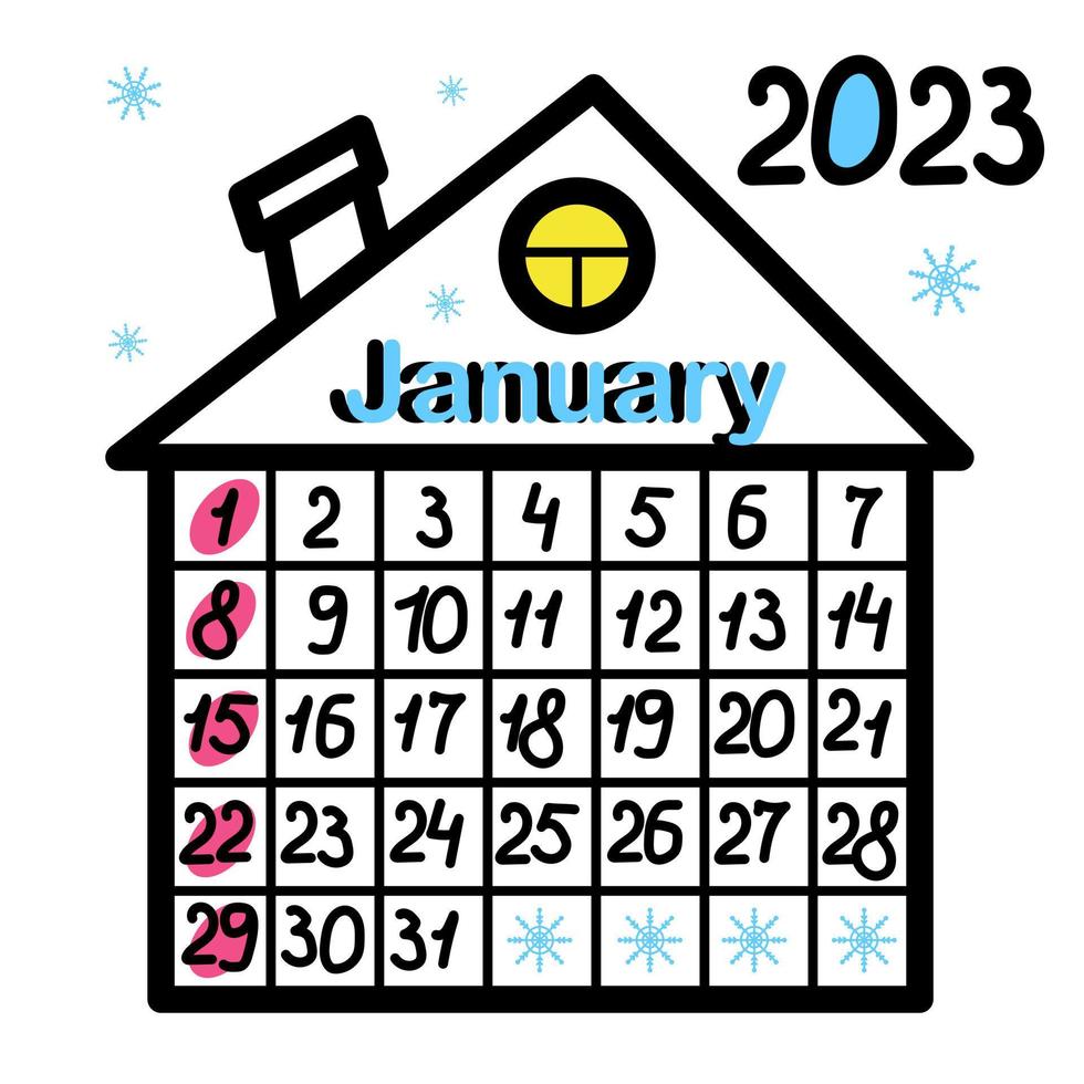 Kalender 2023. Januar. süßer kreativer ungewöhnlicher kalender von hand gezeichnet. Hauskalender. Kritzeleien, Gekritzel. vorlage für desktop, wandkalender, tagesplaner, veranstalter, zeitplan. Vektor-Illustration vektor