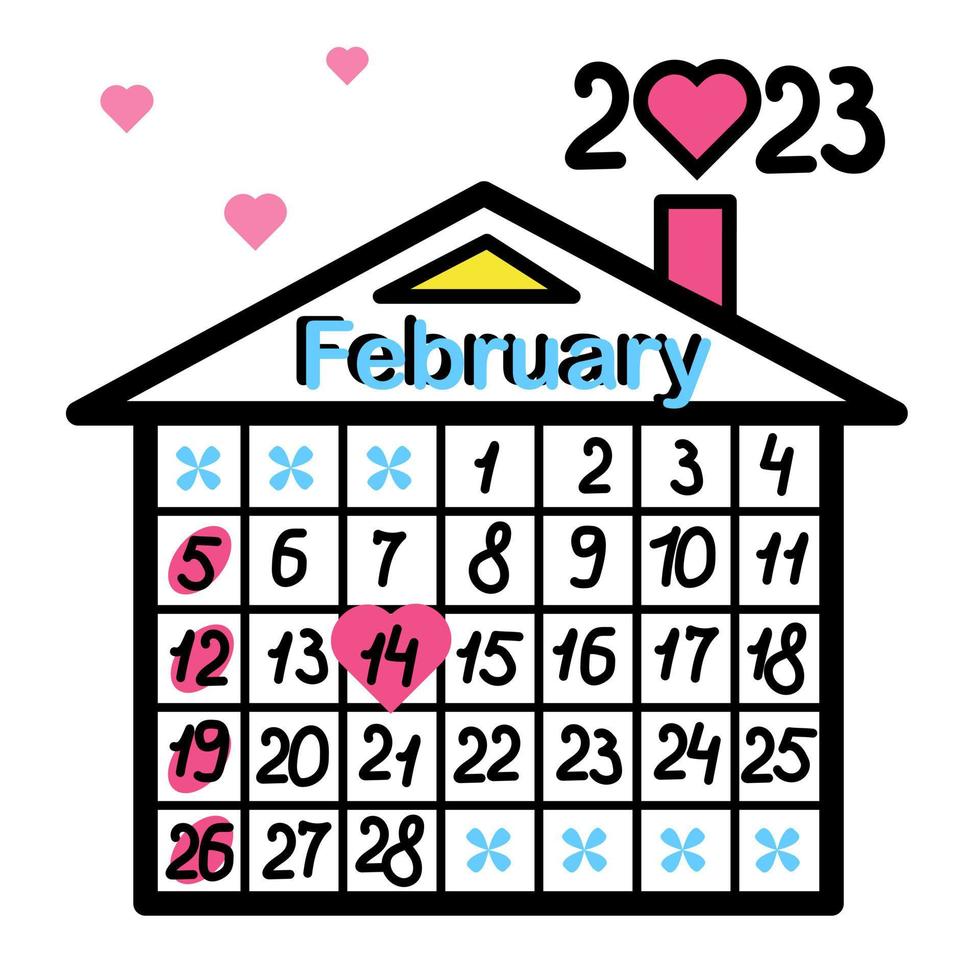 Kalender 2023. Februar. Valentinstag. kreativer ungewöhnlicher kalender von hand gezeichnet. Hauskalender. Kritzeleien, Gekritzel. vorlage für desktop, wandkalender, tagesplaner, veranstalter. Vektor-Illustration vektor