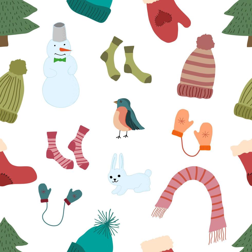 jul sömlös mönster med jul föremål.strumpor vantar stövlar och jul träd och en snögubbe på en vit bakgrund.platt vektor illustration.