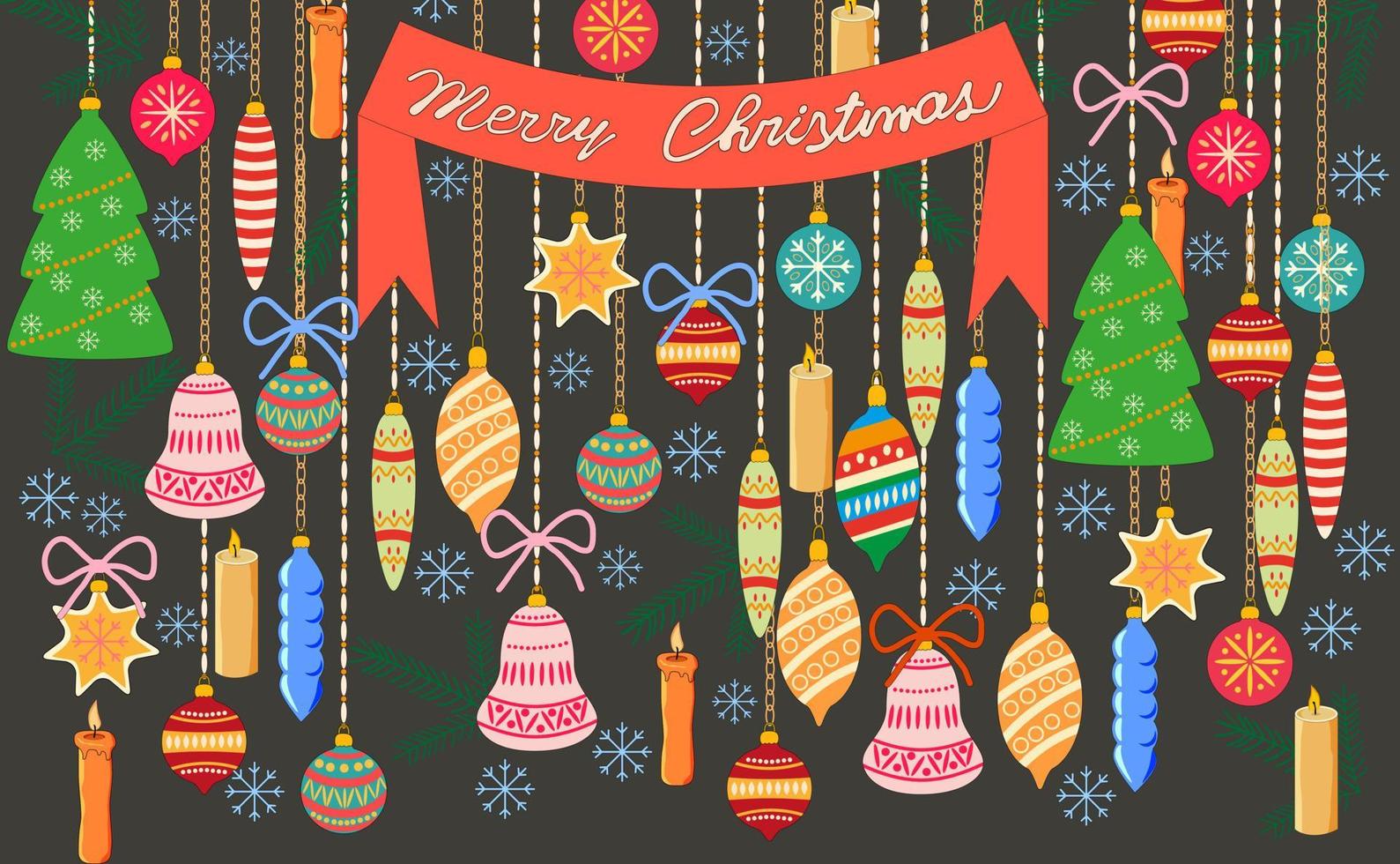 vektor uppsättning av jul dekorationer.jul leksaker, gran grenar, jul ljus och de inskrift på de ribbon.it kan vara Begagnade som en Semester kort eller affisch.
