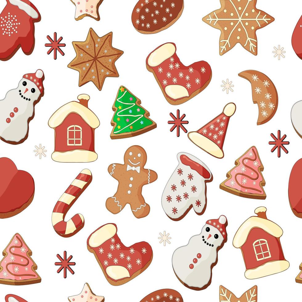 weihnachtsnahtloses muster und weihnachtsbacken.weihnachtslebkuchen auf hellgrünem hintergrund.flache vektorillustration. vektor