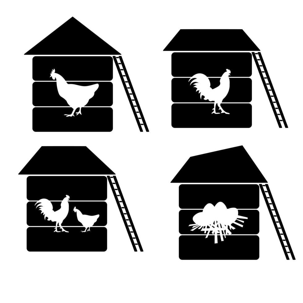 Reihe von Silhouetten von Hühnerställen mit ausgeschnittenen Konturen von Geflügel und Nest mit Eiern vektor