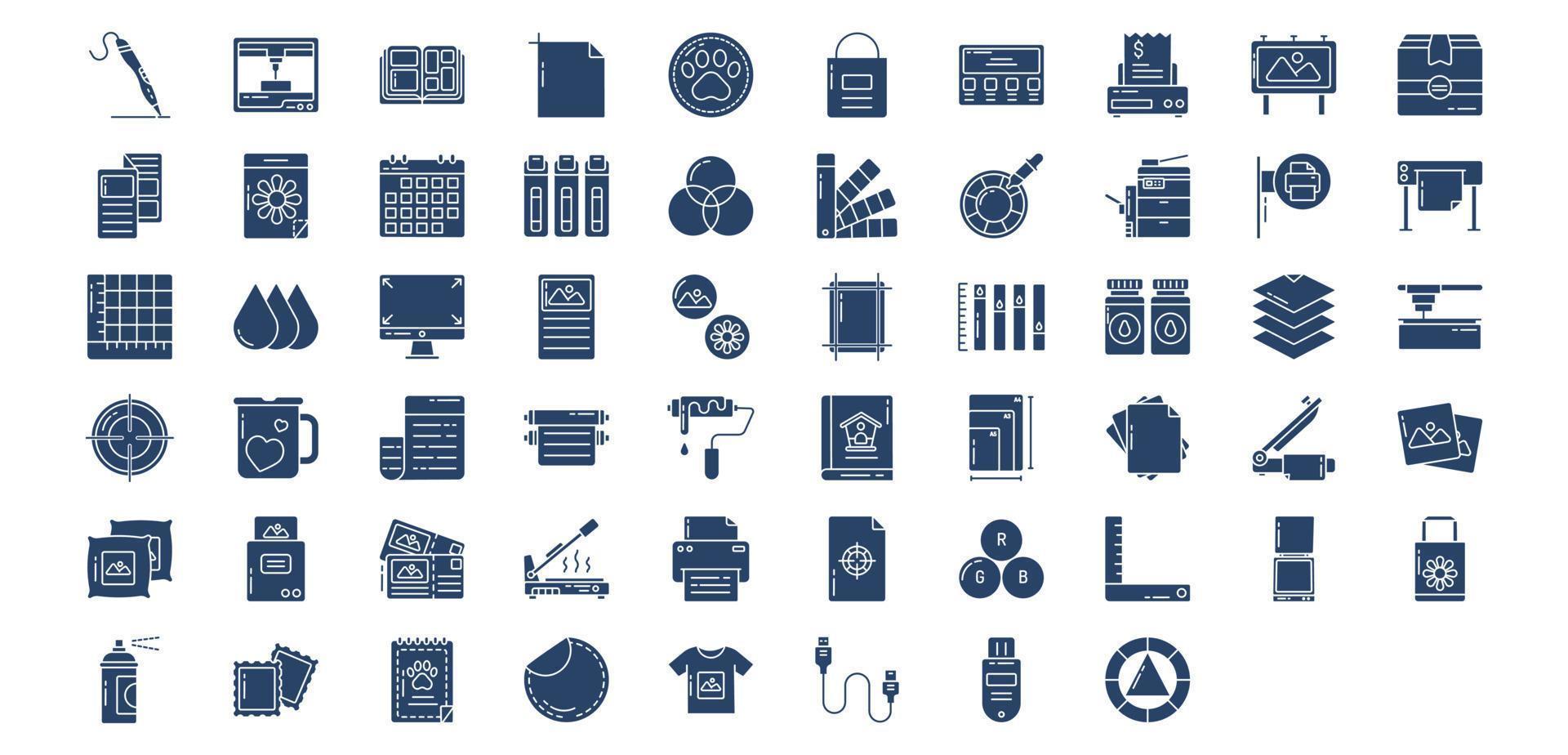 Sammlung von Symbolen zum Drucken und Binden, einschließlich Symbolen wie Zeichentafel, 3D-Drucker, Abzeichen, Banner und mehr. vektorillustrationen, pixelperfekter satz vektor