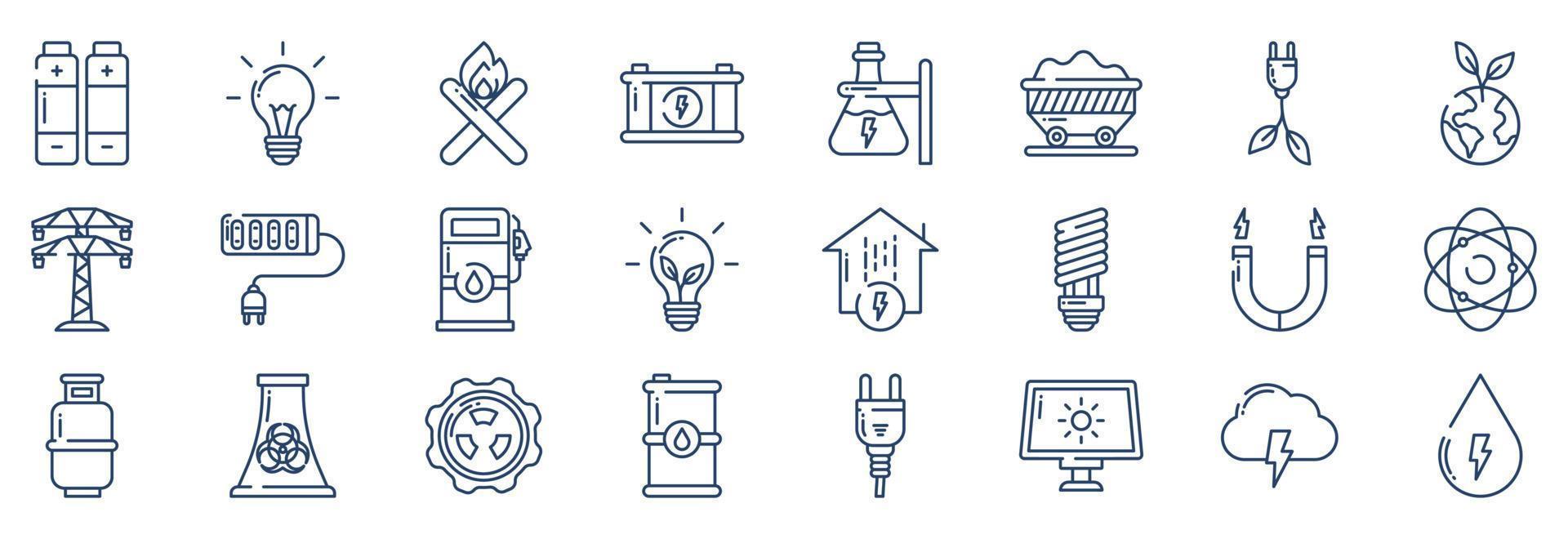 Sammlung von Symbolen im Zusammenhang mit Strom und Energie, einschließlich Symbolen wie Batterie, Glühbirne, Strom, Ökologie und mehr. vektorillustrationen, pixelperfekter satz vektor