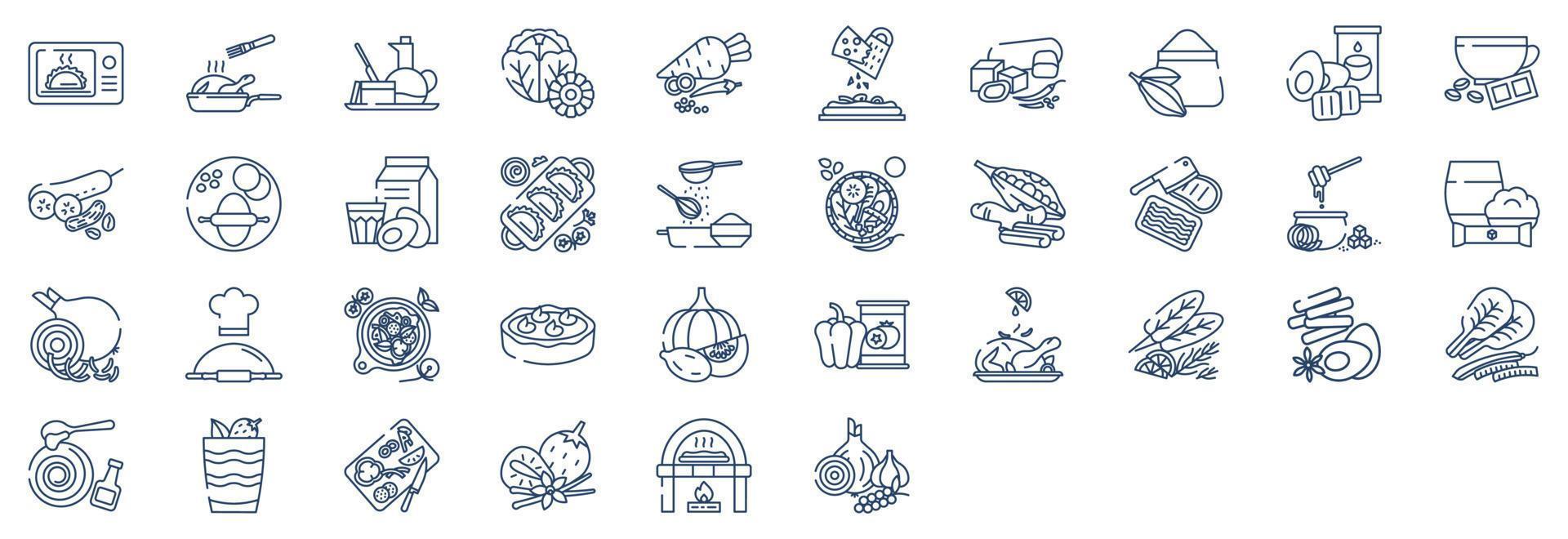 Sammlung von Symbolen zu Rezepten und Zutaten, darunter Symbole wie Backen, Kaffee, Kürbiskuchen, Pizza und mehr. vektorillustrationen, pixelperfekter satz vektor