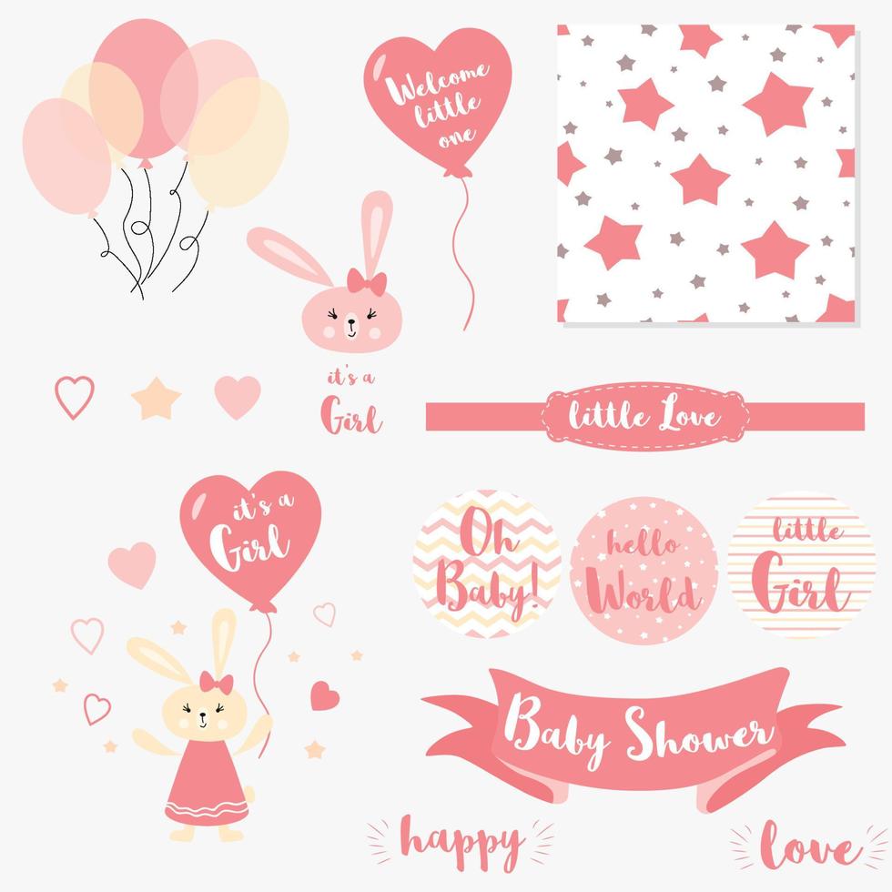 babyparty ist es ein mädchensatz rosa mädchen lokalisierte elemente für babypartyeinladungen. Kaninchen, niedliche Babyballon-Sammlung von Einladungskarten für Party-Babyparty, Mädchengeburtstag vektor