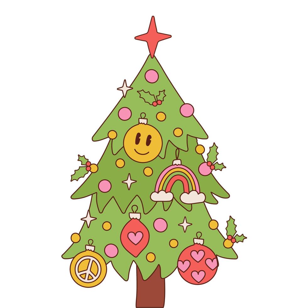 Retro groovy Weihnachtsbaum isoliert auf weißem Hintergrund. Sublimationsdruck im Hippie-Stil für die festliche Jahreszeit im Vintage-Stil der 60er, 70er Jahre. lineare Vektordarstellung. vektor