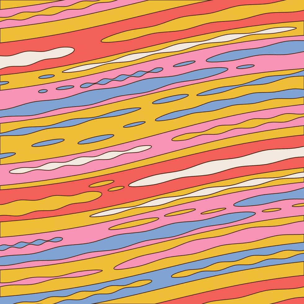 Hippie-Hintergrunddesign der 1960er Jahre mit gewellten Streifen. Trippy Retro-Kulisse für psychedelische 60er-70er-Partys mit leuchtenden Regenbogenfarben und groovigen geometrischen Wellenmustern. Kontur-Vektor-Illustration vektor