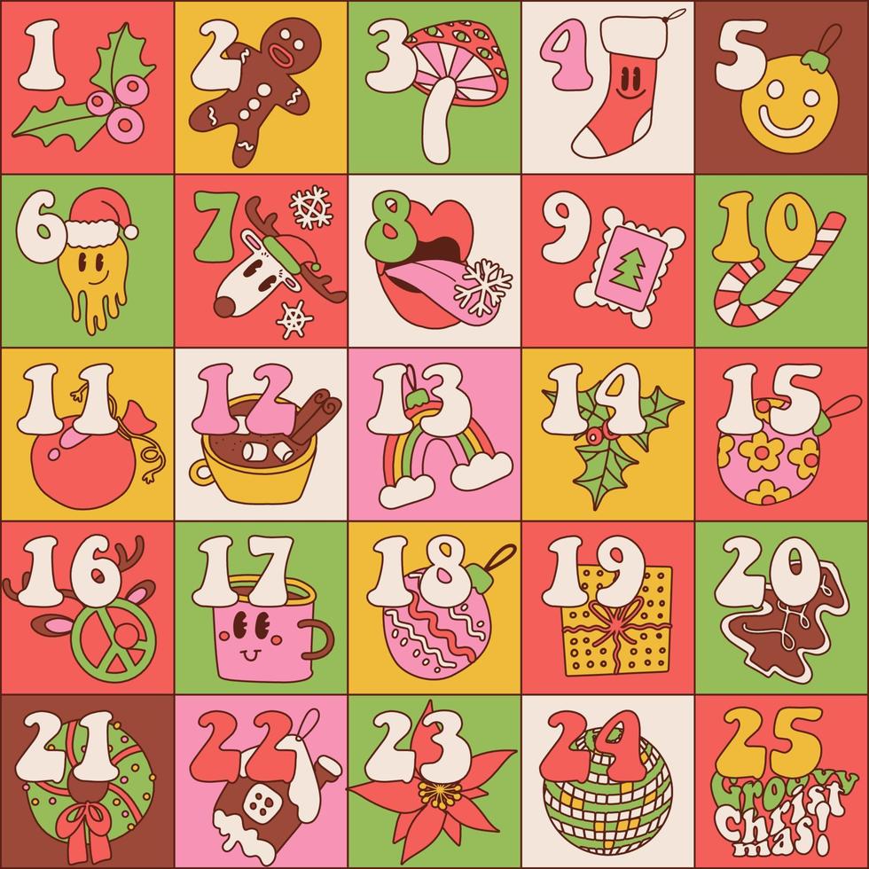 grooviger Weihnachts-Adventskalender mit handgezeichneten Retro-Hippie-Elementen. quadratisches weihnachtsplakat. lineare vektordarstellung für 25 dezembertage. vektor