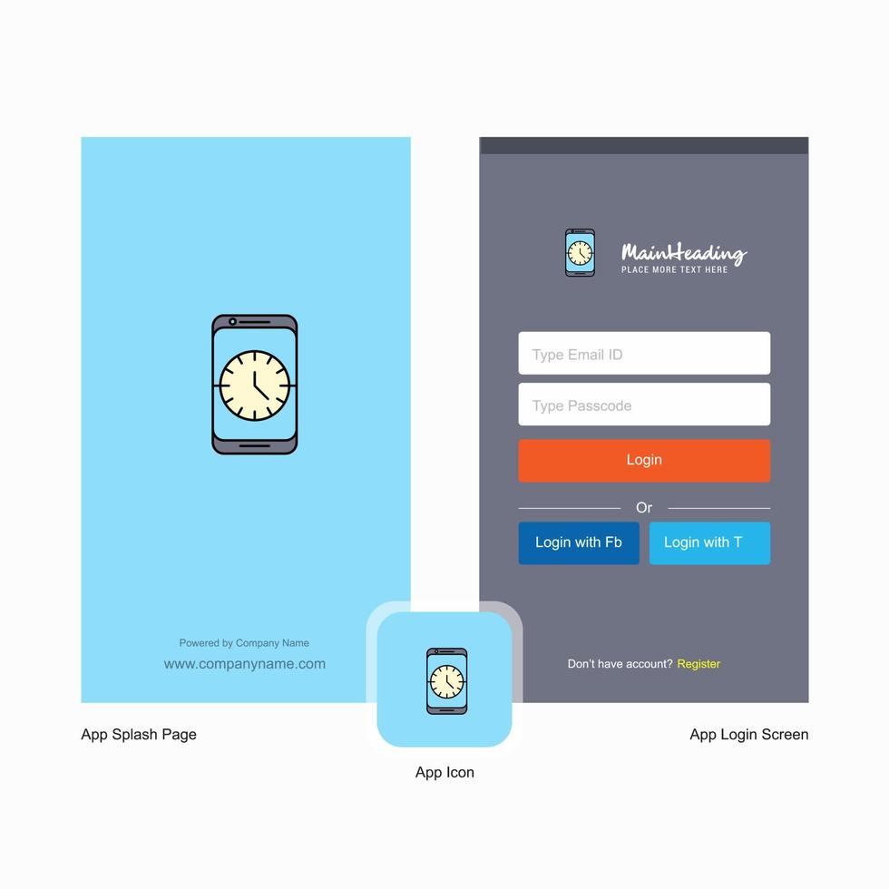 Startbildschirm der Firmenuhr und Design der Login-Seite mit Logo-Vorlage Mobile Online-Business-Vorlage vektor