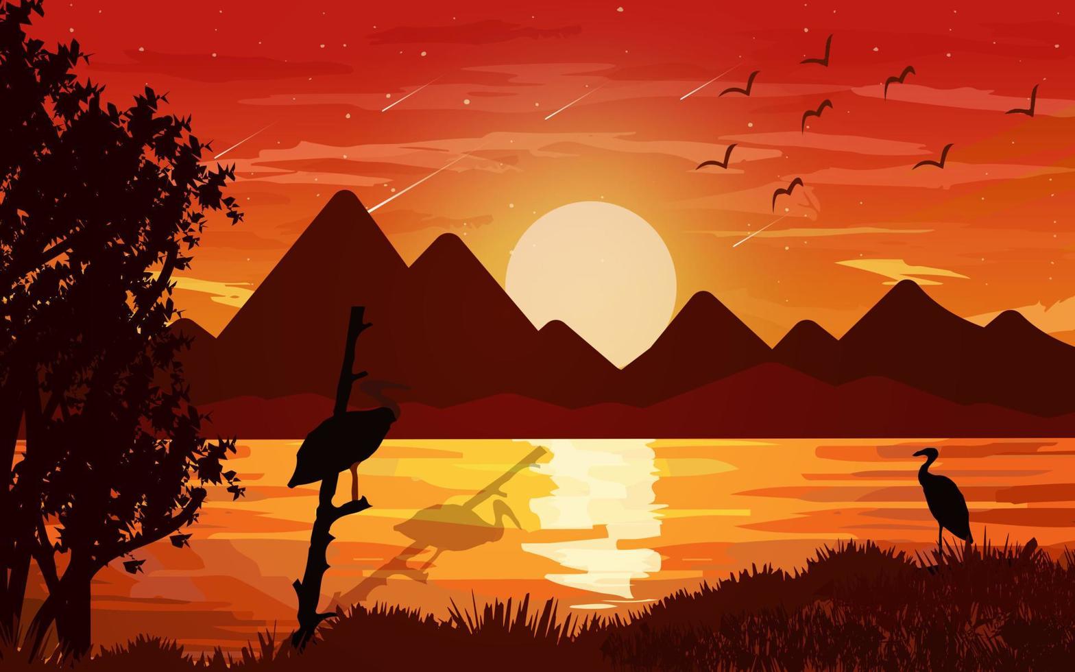 Sonnenuntergangsszene im Wald. leuchtender waldhimmel mit bergen und vögeln landschaft hintergrund illustration berge vektor