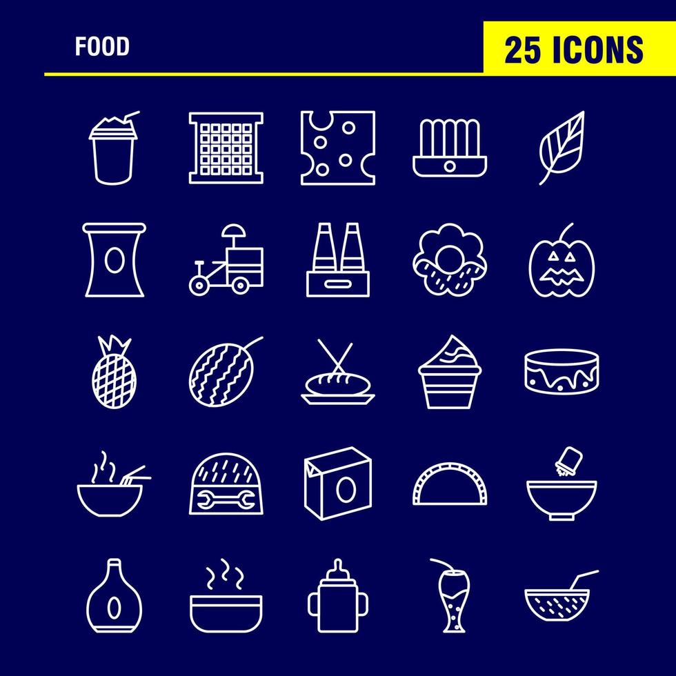 Symbole für die Lebensmittellinie, die für Infografiken, mobiles Uxui-Kit und Druckdesign festgelegt wurden, umfassen Obst, Wassermelone, Lebensmittel, Mahlzeit, Fruchtsaft, Lebensmittelsammlung, modernes Infografik-Logo und Piktogrammvektor vektor