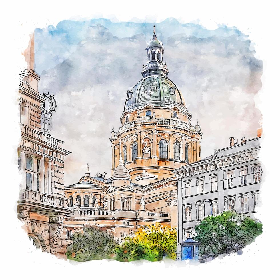 st. Stephens basilika budapest ungern vattenfärg skiss hand dragen illustration vektor