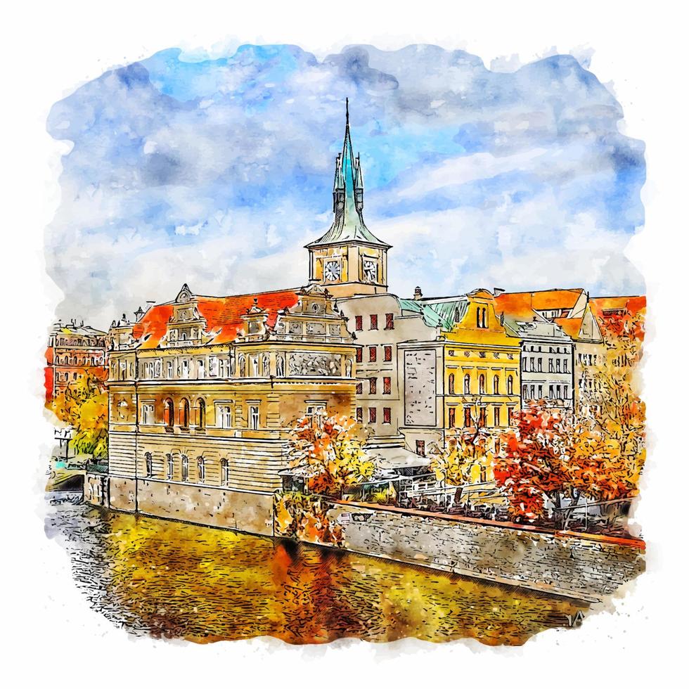 Prag Tjeckien akvarell skiss handritad illustration vektor