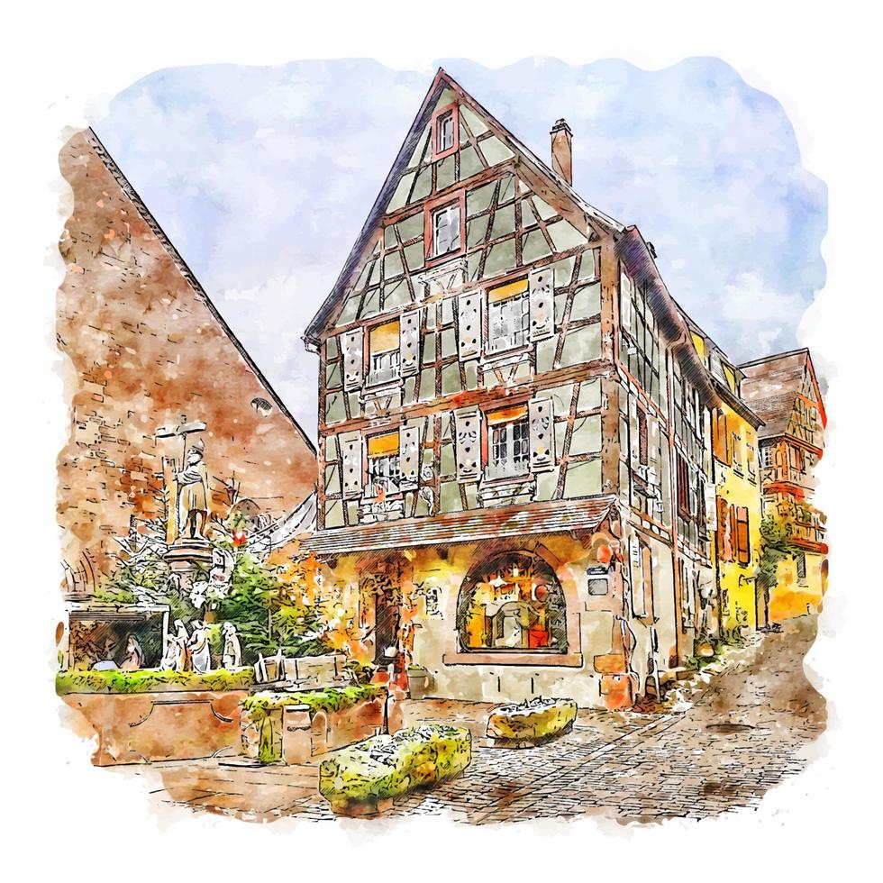 kaysersberg elsass frankreich aquarellskizze handgezeichnete illustration vektor