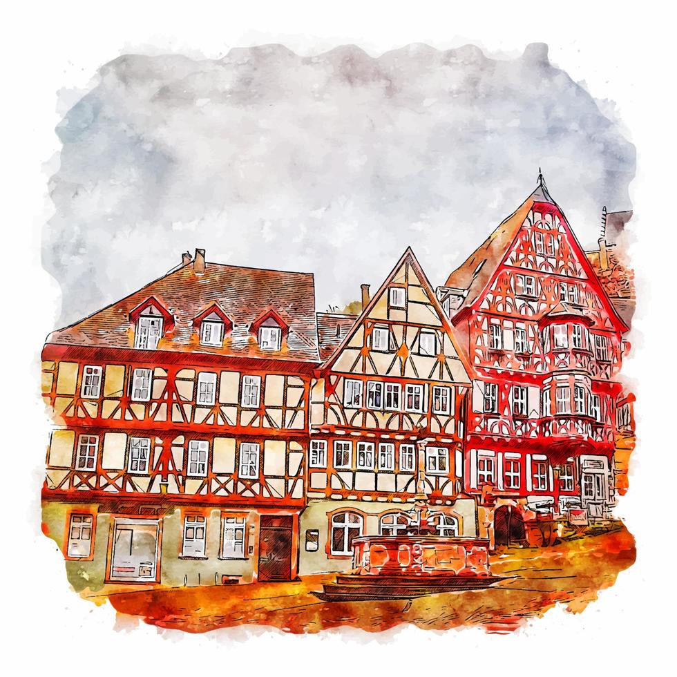 miltenberg altstadt Tyskland vattenfärg skiss hand dragen illustration vektor