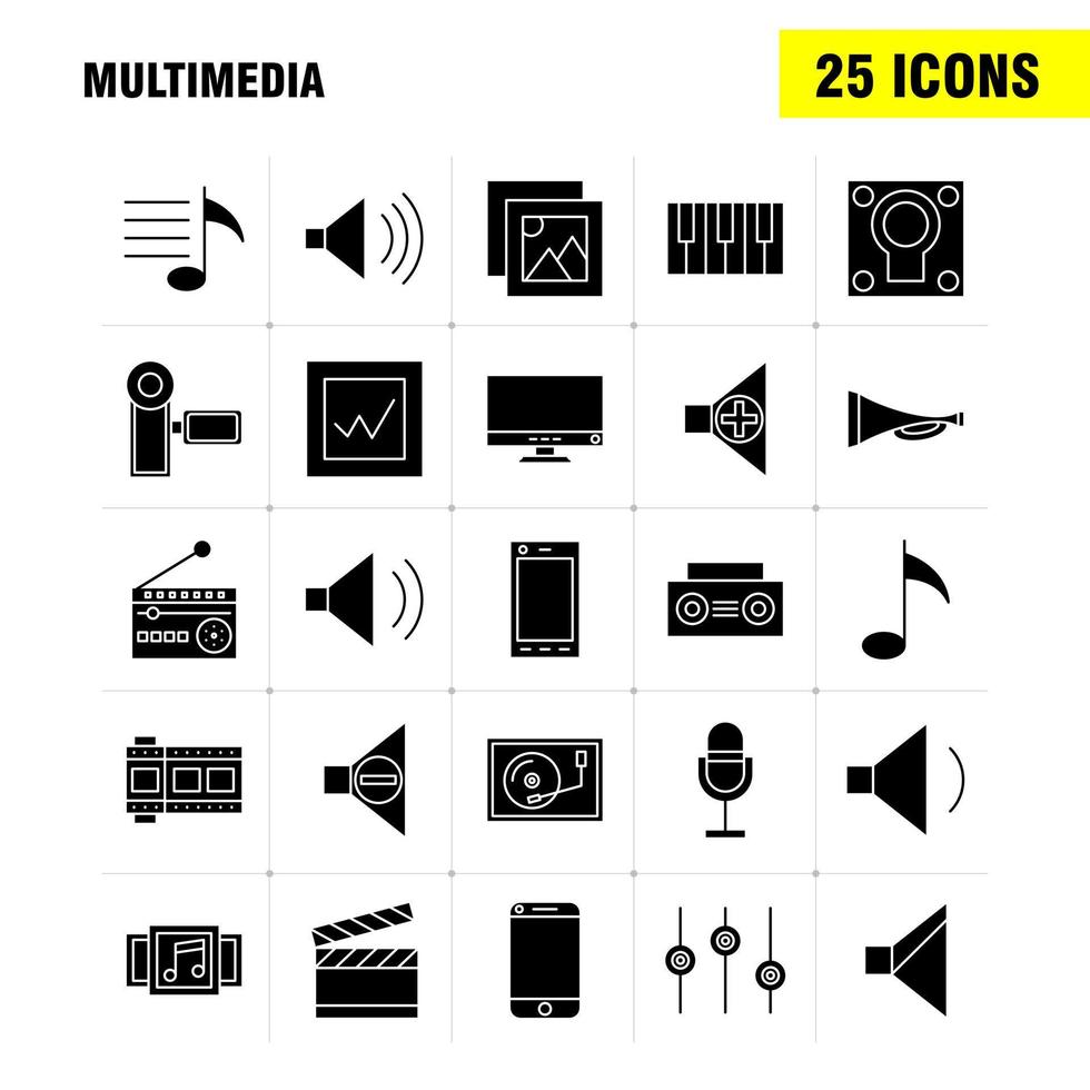 Multimedia-Solid-Glyphen-Symbol für Webdruck und mobiles Uxui-Kit wie Mobiltelefon, Smartphone, Anruf, Kamera, Datei, Foto, Folie, Piktogramm-Paketvektor vektor