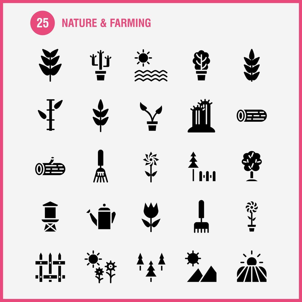 Natur- und Landwirtschafts-Solid-Glyphen-Icon-Pack für Designer und Entwickler Ikonen des Scheunengebäude-Bauernhofs, der Natur runden Bergvektor bewirtschaftet vektor