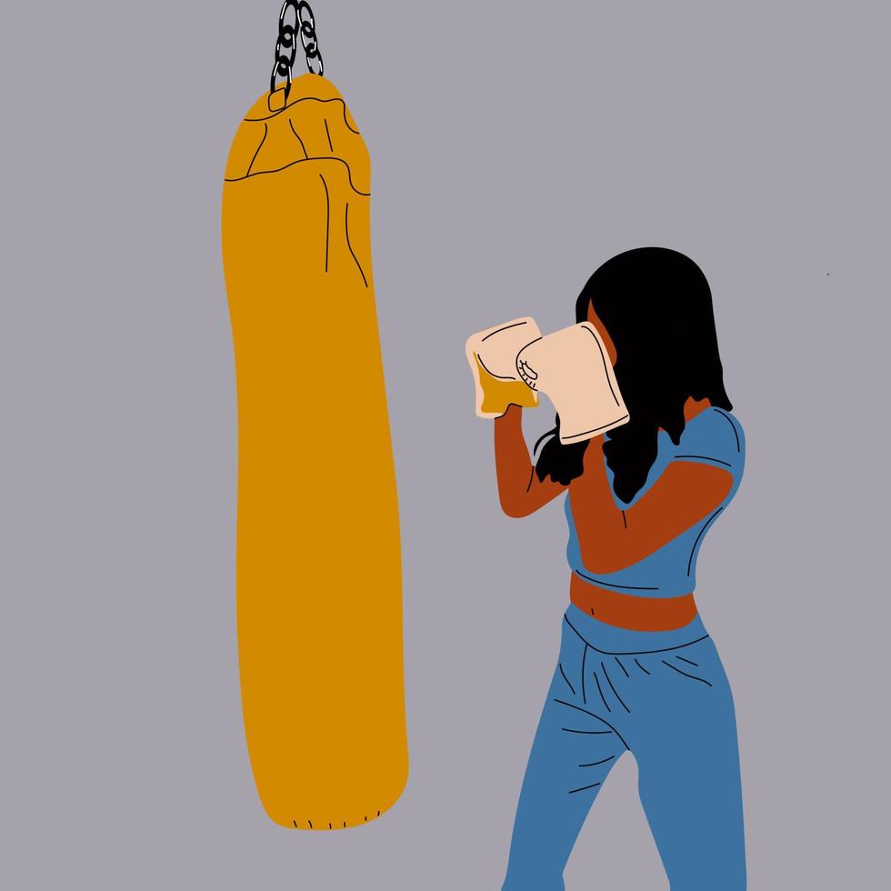 Frau in Boxhandschuhen posiert am Boxsack in Sportbekleidung. Girl-Power-Konzept. Cartoon-Vektor-Illustration vektor