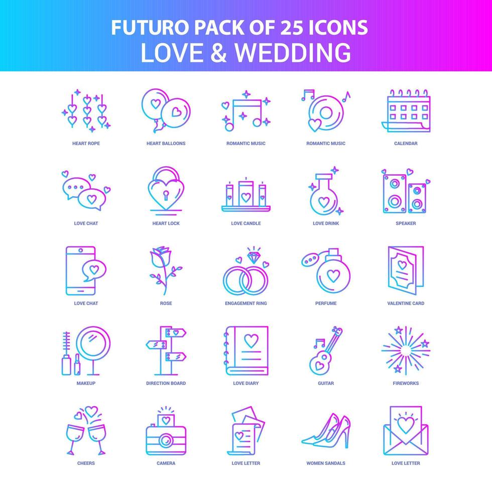 25 blaue und rosafarbene Futuro-Icon-Packs für Liebe und Hochzeit vektor