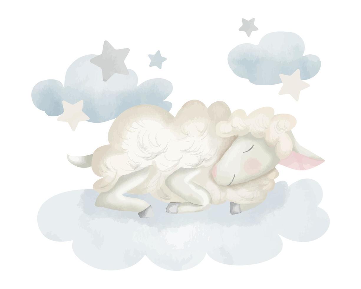 söt liten får sovande på de moln med stjärnor. hand dragen vattenfärg illustration med bebis lamm. teckning för barn textil- design, bebis grafik för tapeter och grafik. skiss av rolig djur. vektor