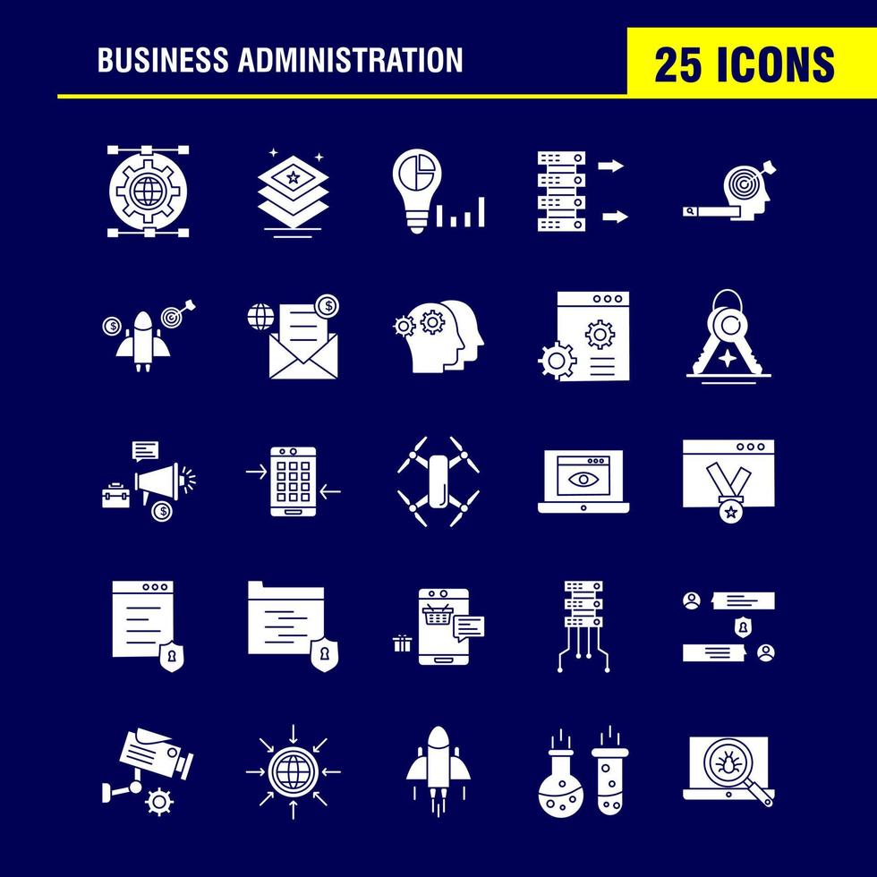 Solide Glyphensymbole für die Unternehmensverwaltung, die für Infografiken, mobiles Uxui-Kit und Druckdesign festgelegt wurden, umfassen Graph-Dollar-Business-Geld-Gang-Setting-Bleistiftschreiben eps 10 Vektor