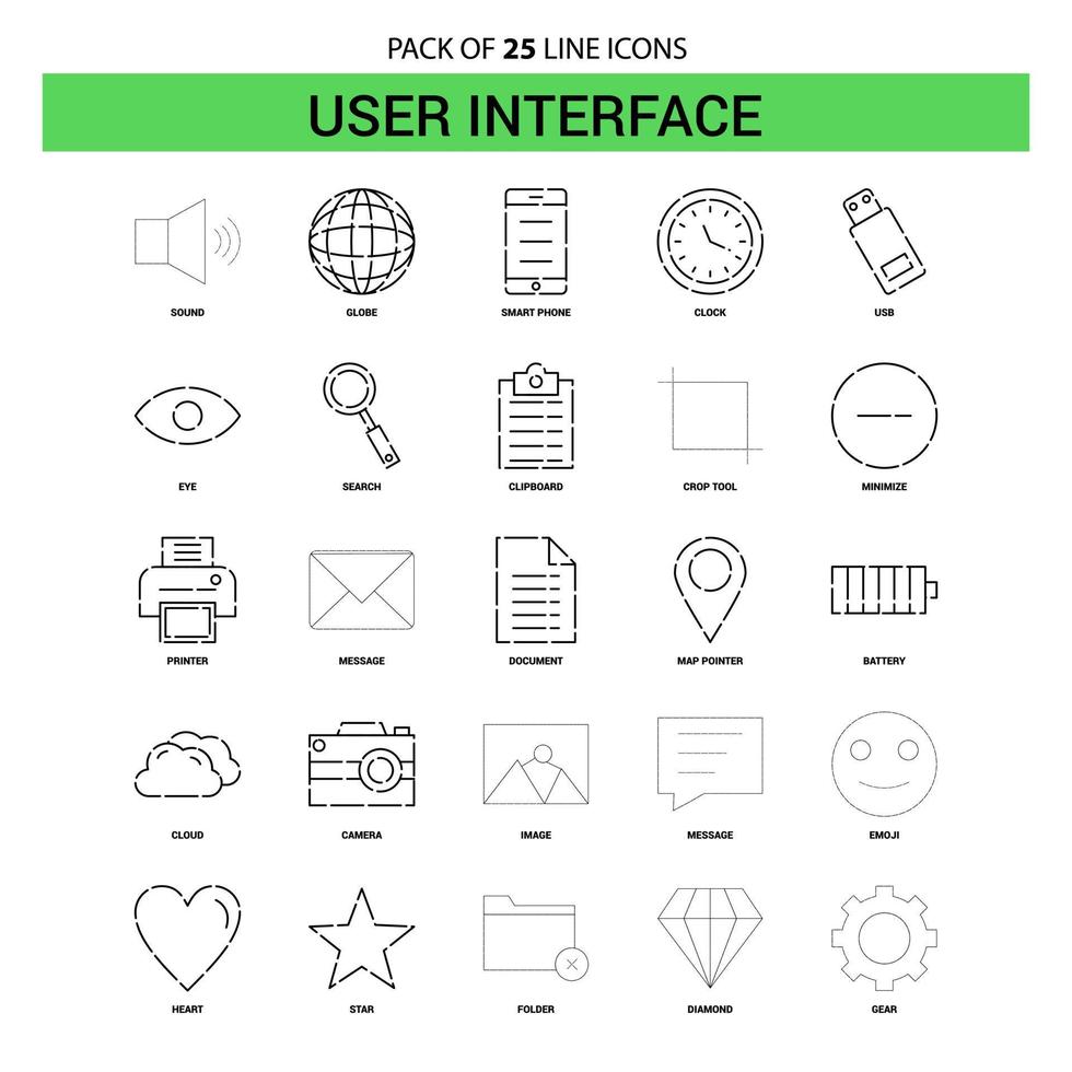 Benutzeroberflächen-Liniensymbolsatz 25 gestrichelter Umrissstil vektor