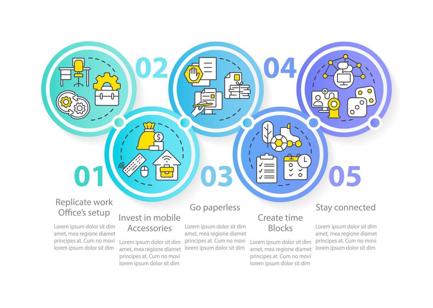 tipps für die infografik-vorlage des produktivitätskreises für fernarbeit. Datenvisualisierung mit 5 Schritten. bearbeitbares Zeitachsen-Infodiagramm. Workflow-Layout mit Liniensymbolen. vektor