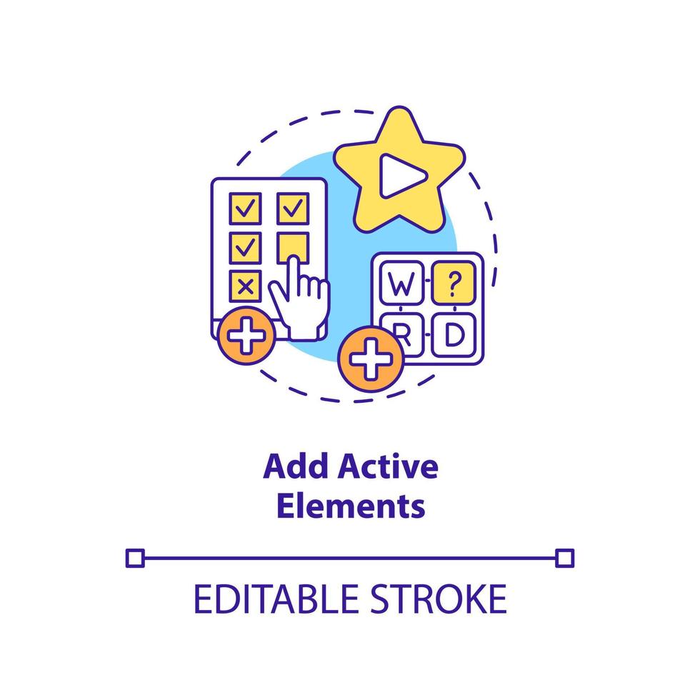 Lägg till aktiva element begrepp ikon. interaktiv uppdrag. e inlärning video dricks abstrakt aning tunn linje illustration. isolerat översikt teckning. redigerbar stroke. vektor