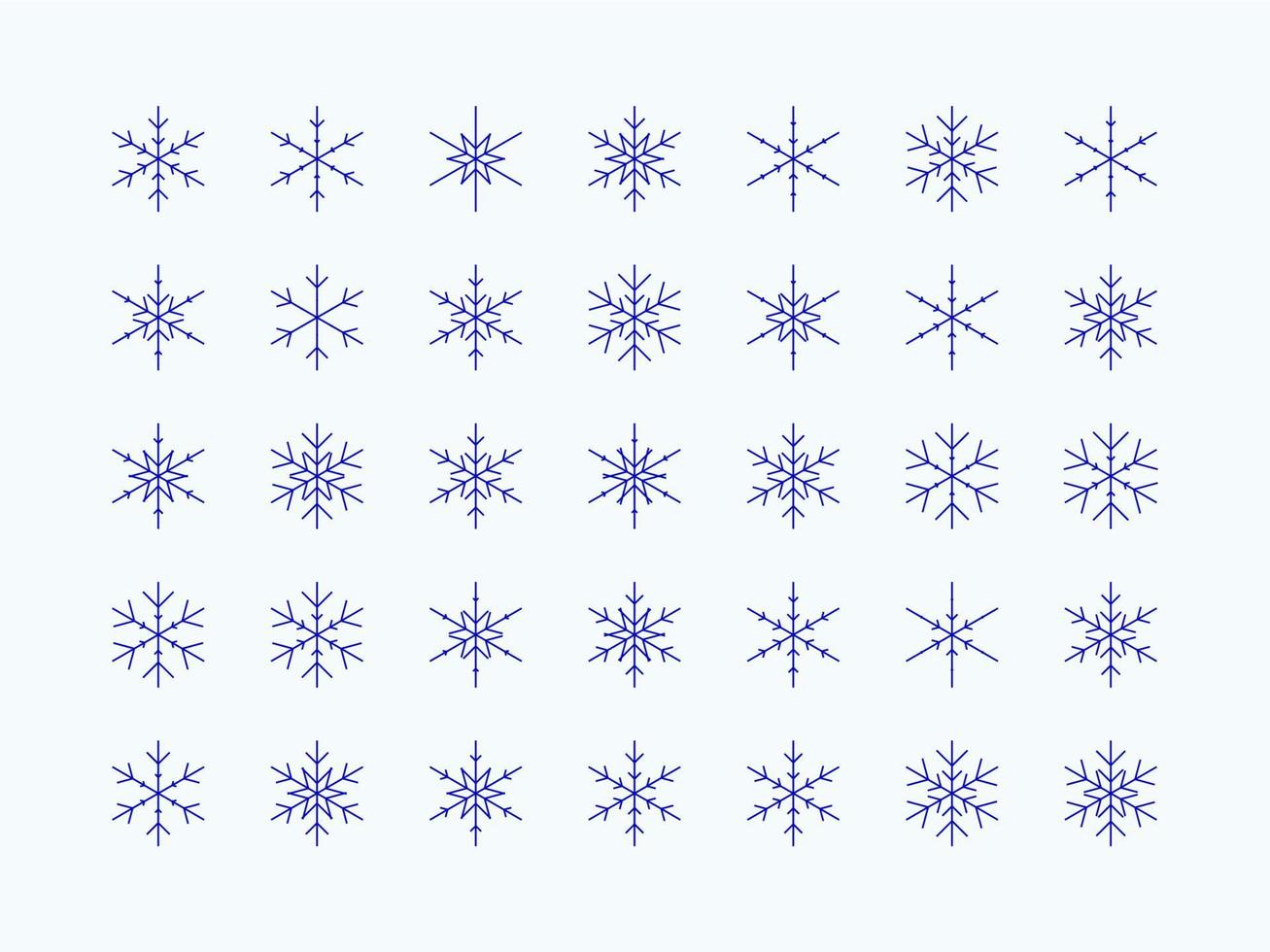 vektor linje ikon uppsättning av olika mörk blå snöflingor på vit bakgrund. vinter- begrepp