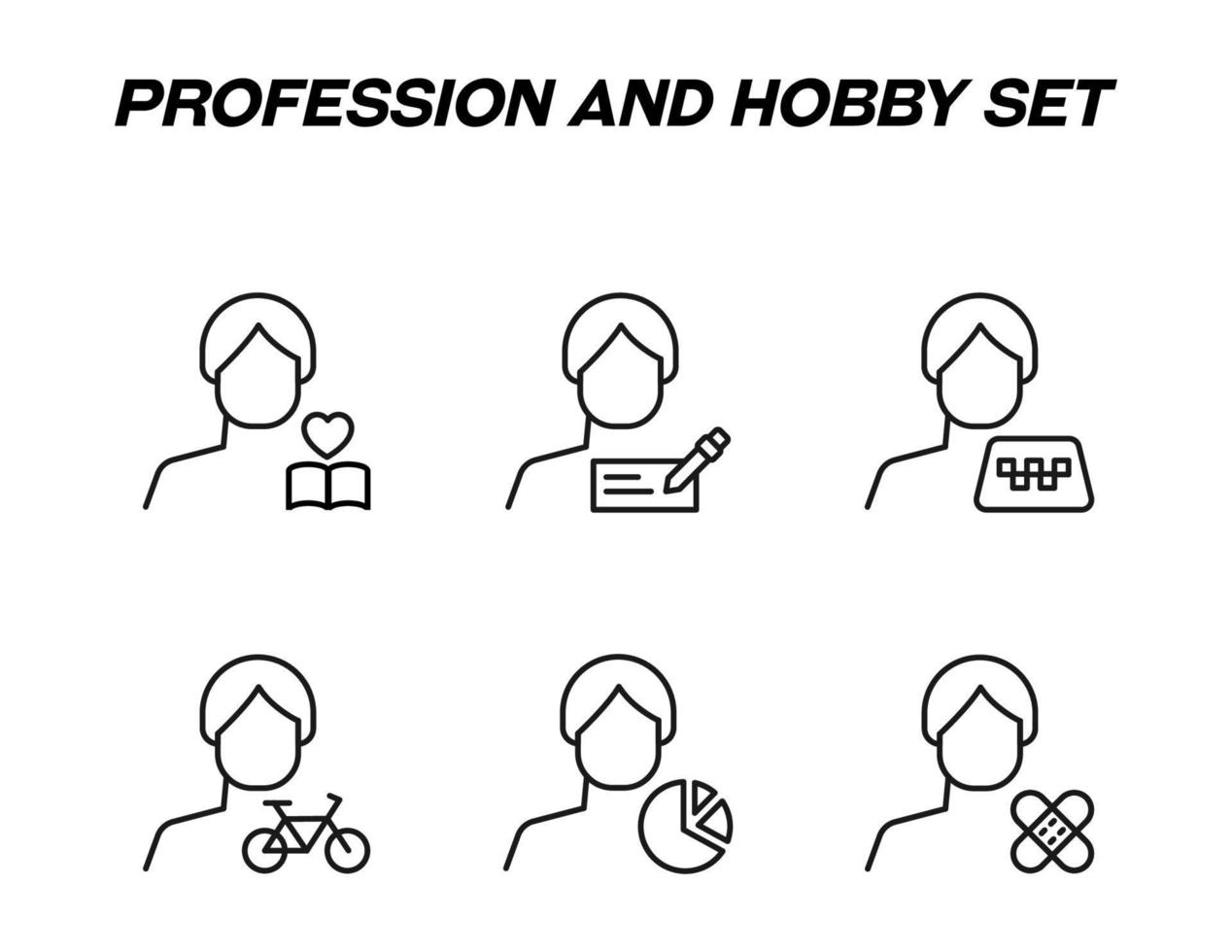 monochrome Schilder im flachen Stil für Geschäfte, Geschäfte, Websites. editierbarer Strich. Vektorliniensymbol mit Symbolen für Herz, Visitenkarte, Taxi, Fahrrad, Tortendiagramm, Klebeband von Menschen vektor