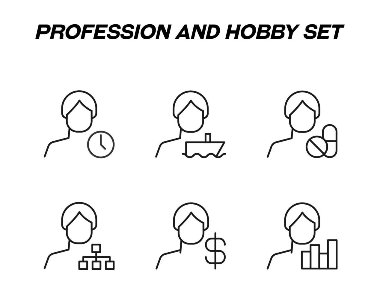 monochrome Schilder im flachen Stil für Geschäfte, Geschäfte, Websites. editierbarer Strich. Vektorliniensymbol mit Symbolen für Uhr, Schiff, Pillen, Karte, Dollar, Diagramm von Mann vektor