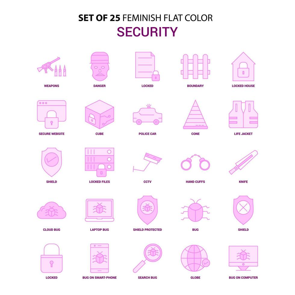 satz von 25 feminischen sicherheitsflachfarbe-rosa-ikonensatz vektor