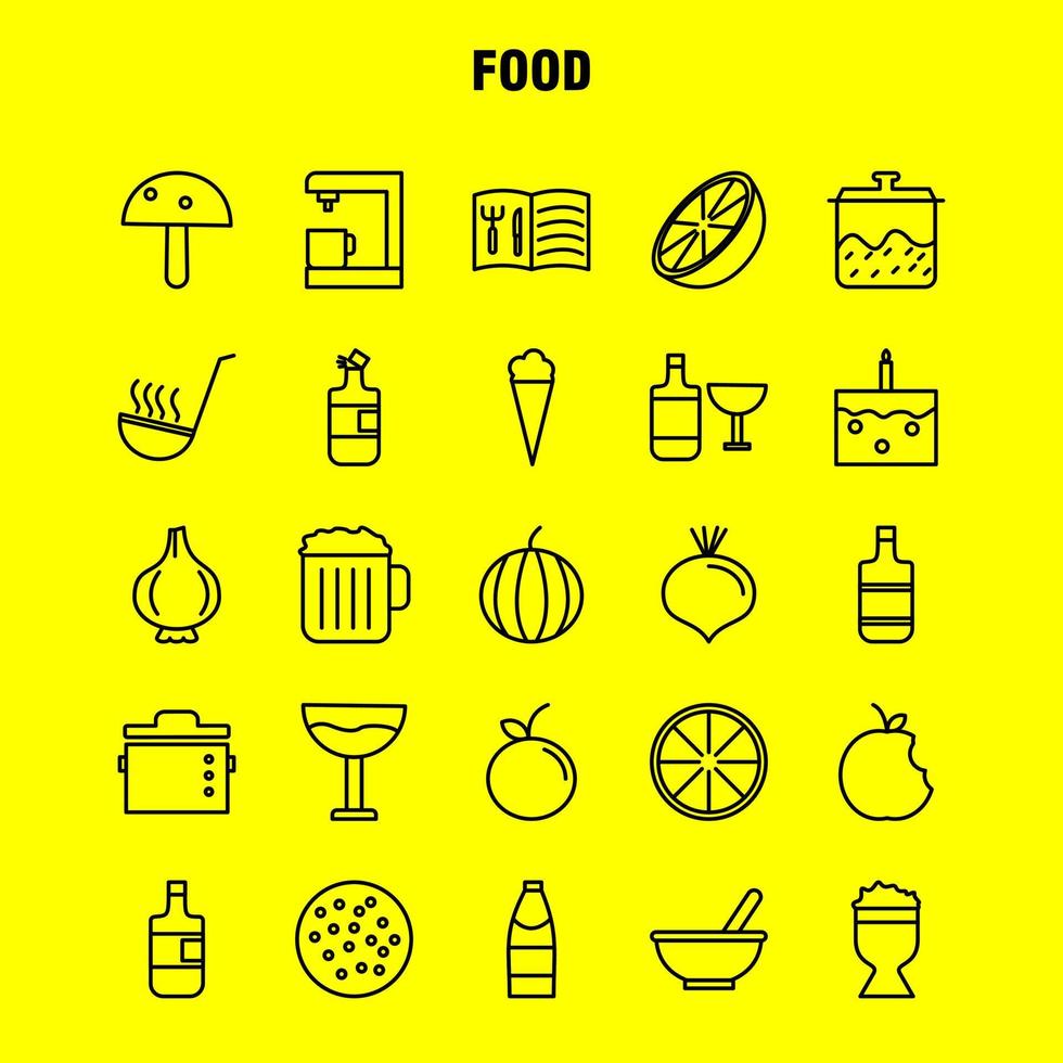 Symbole für die Lebensmittellinie, die für Infografiken, mobiles Uxui-Kit und Druckdesign festgelegt wurden, umfassen Wasserkocher, Topf, Küche, Lebensmitteltopf, Lebensmittel, Mahlzeit, Küchenkollektion, modernes Infografik-Logo und Piktogrammvektor vektor