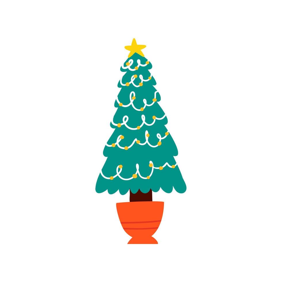jul träd med kransar i en pott. högtider vektor illustration i platt stil.