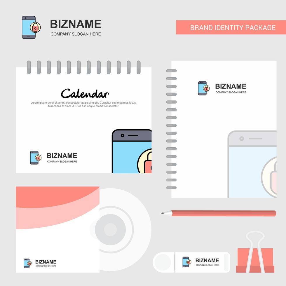 skyddade smartphone logotyp kalender mall CD omslag dagbok och uSB varumärke stationär paket design vektor mall