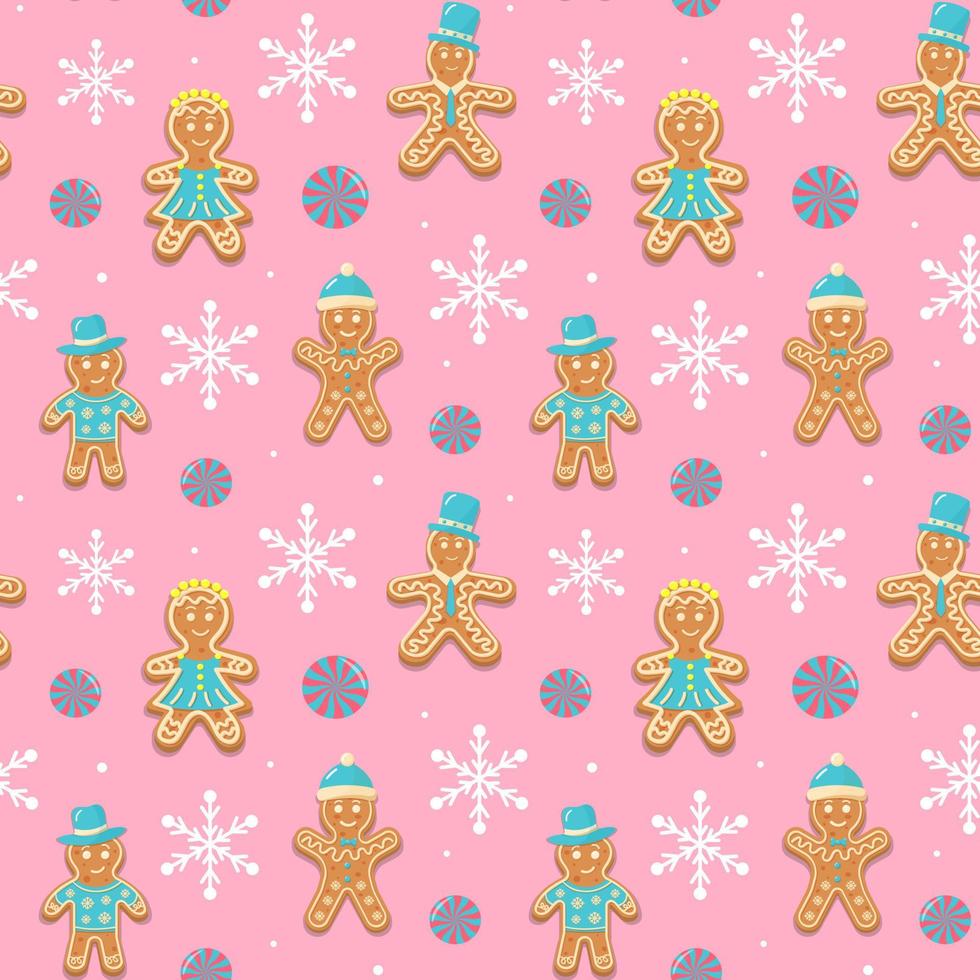 nahtloses muster mit weihnachtslebkuchenmännern und -frauen, schneeflocken und runden spiralbonbons. Weihnachtshausgemachte Kekse auf rosa Hintergrund. vektor