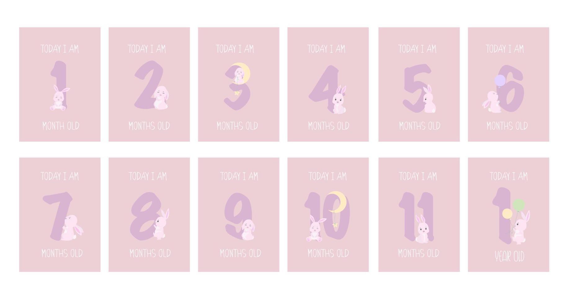 niedliche Hasenmädchen-Babymeilensteinkarten, Zahlencliparts. 1-11 Monate und 1 Jahr. Babypartydruck, der alle besonderen Momente festhält. Geburtstagskarte für den Babymonat. Kinderzimmer drucken. vektor