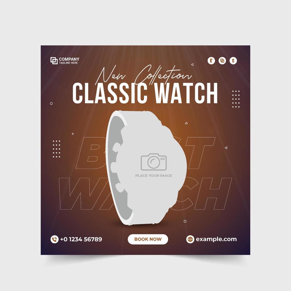 smartwatch-produktinlägg. ny kollektion klassiska klockor försäljning banner. smartklocka inlägg på sociala medier med mörk bakgrund. armbandsur försäljning rabatt mall. klocka business banner. vektor